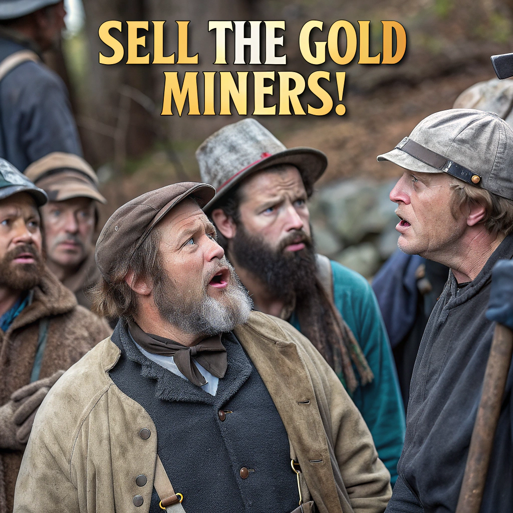 AI generated image by Red Panda AI: "SELL the Gold Miners!", 1849 gold miners scared