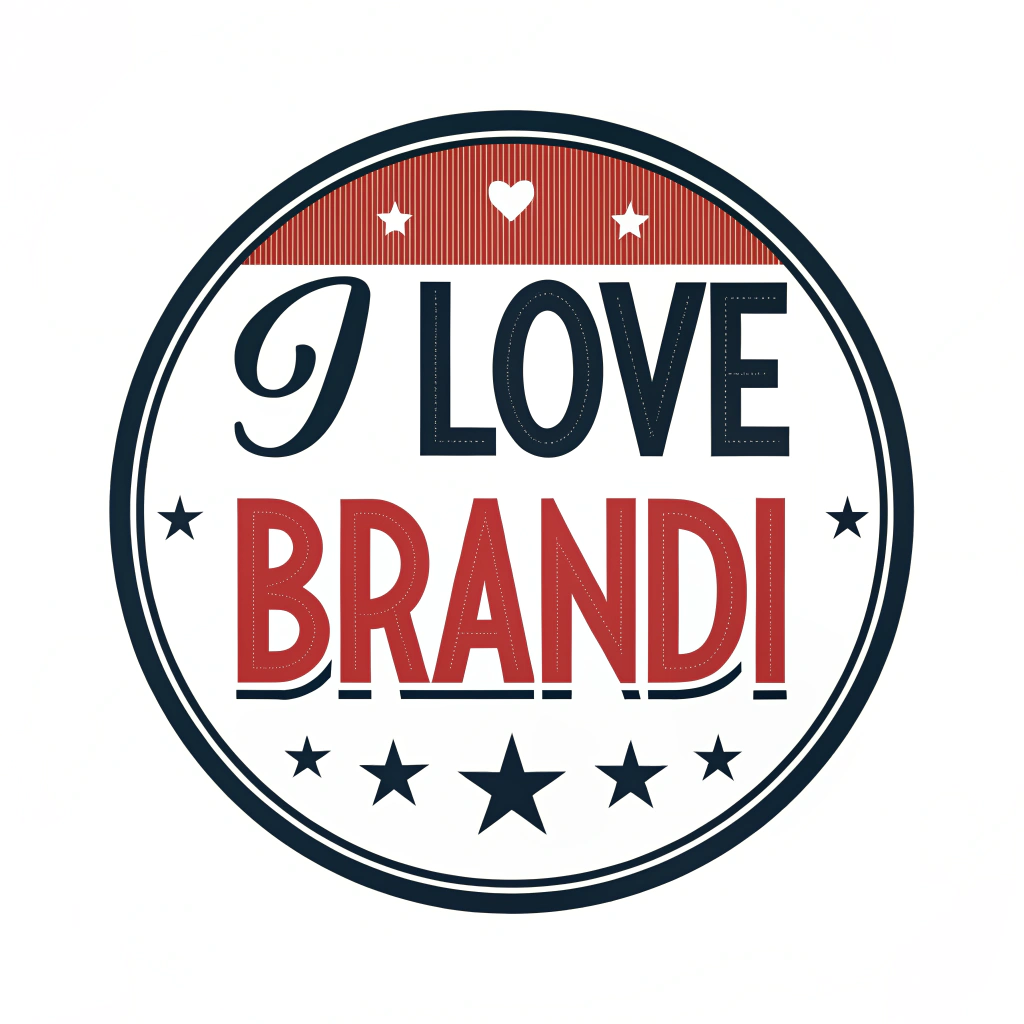 AI generated image by Red Panda AI: Circle logo, "I Love Brandi", on white background, red and white and black, only text, bold font, strong, fun