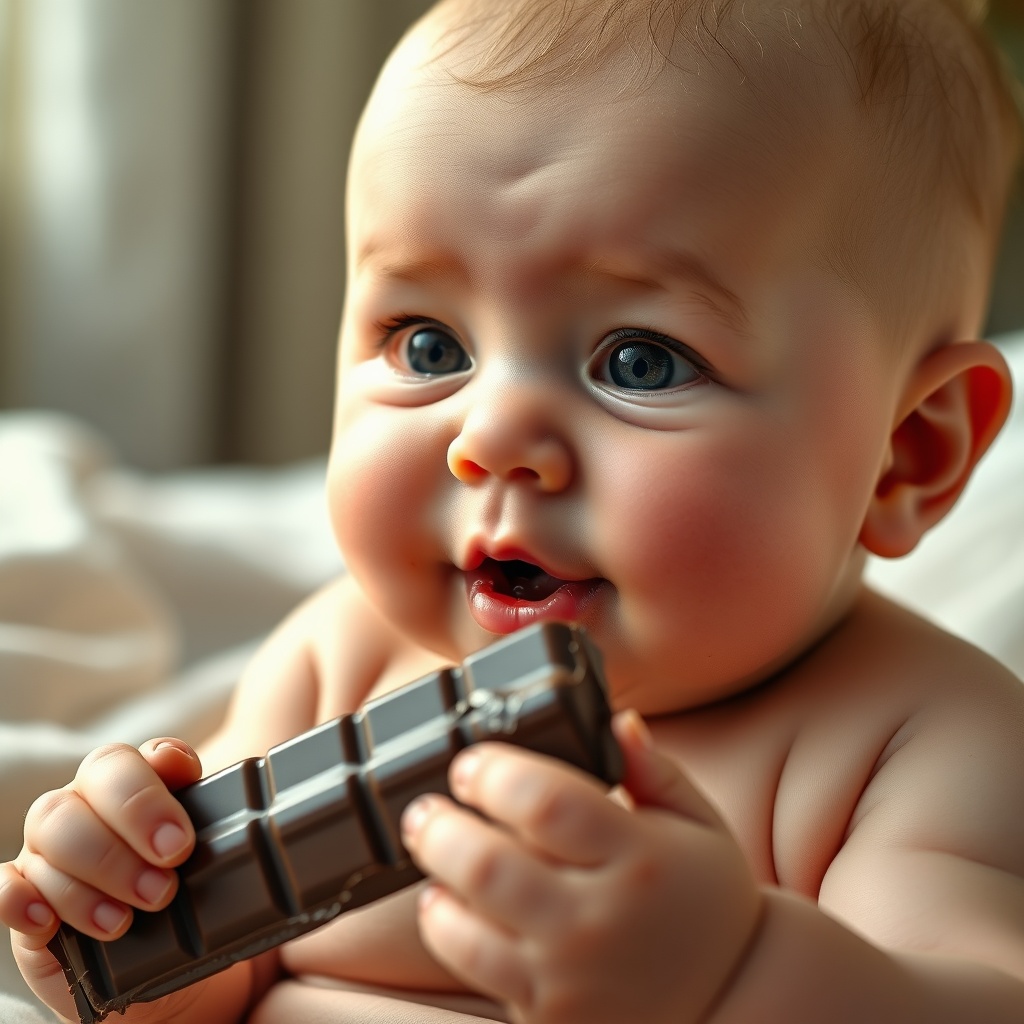 AI generated image by FLUX.1-schnell: Ultra-realistic, hyper-detailed image of a chubby baby with soft, rosy cheeks and bright, curious eyes, holding a slightly melted chocolate bar in its tiny hands. The baby takes a small bite, leaving smudges of chocolate on its lips and fingers. The skin is smooth with natural pores and soft lighting enhances the warm, delicate texture. The scene is captured with a cinematic full-frame lens (50mm), creating a shallow depth of field with a softly blurred background. The setting is a cozy, neutral-toned indoor environment, illuminated by gentle, diffused natural light for a warm and inviting atmosphere. The chocolate bar has a glossy, rich texture, reflecting the light subtly, adding to the realism.
