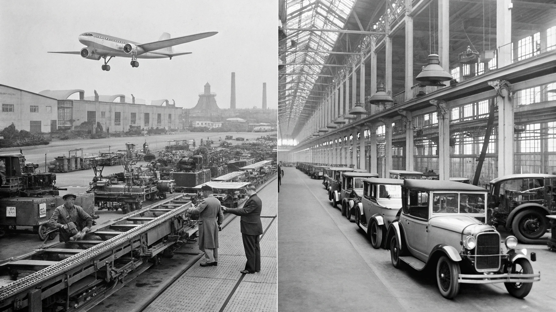 AI generated image by Red Panda AI: AI’s timeline: Automobiles and airplanes become fully autonomous in the early 1900s. Early AI reshapes the industrial revolution.
Visuals: Black-and-white AI-generated images of AI-controlled factories.