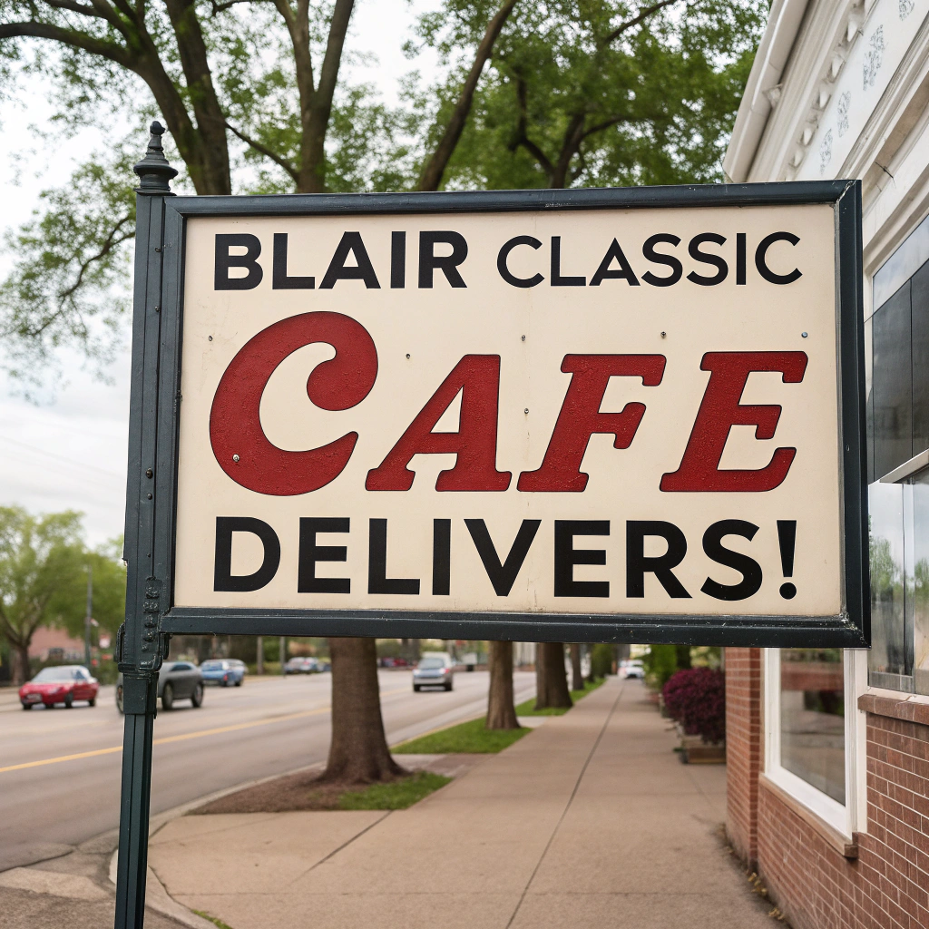 AI generated image by Red Panda AI: "Blair Classic Cafe Delivers!" Sign reads in Blair, Nebraska