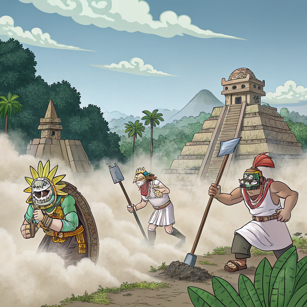 AI generated image by Red Panda AI: Puedes crear una imagen de varios dioses mayas creando humanos desde el polvo al estilo del anime jojo bizzarre,