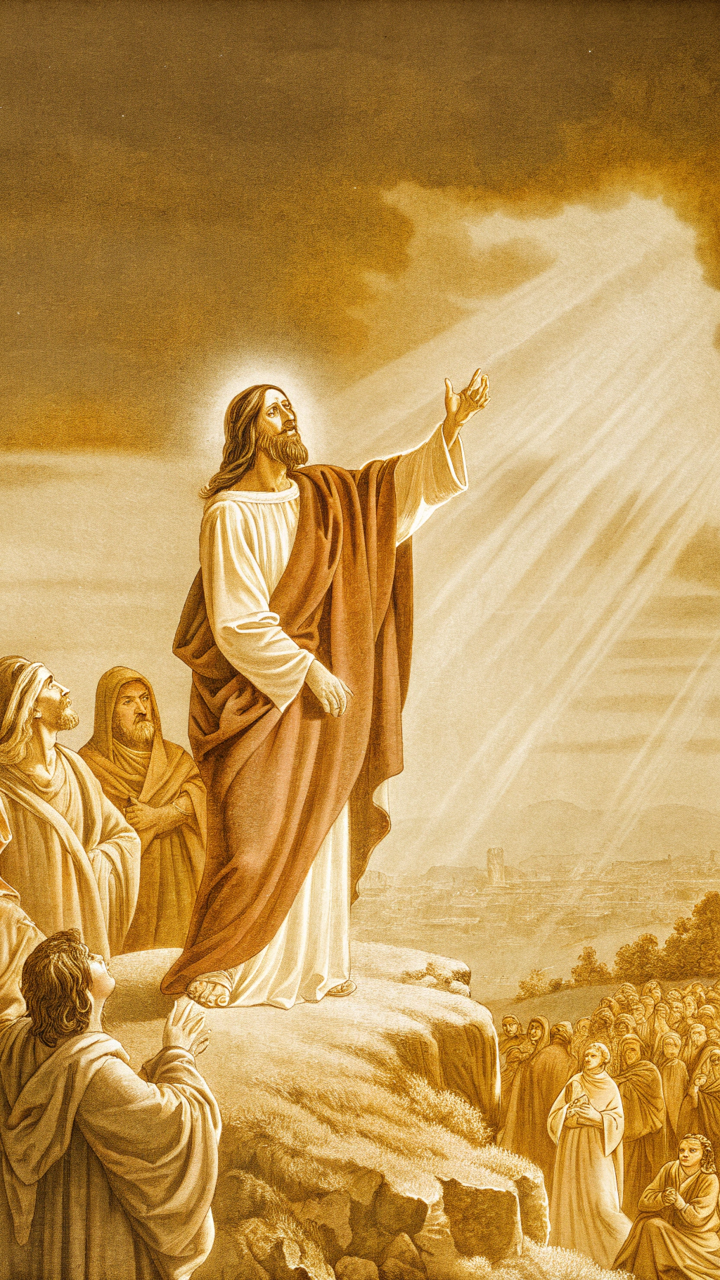 AI generated image by Red Panda AI: Create a dramatic Baroque-style painting of Jesus delivering the Sermon on the Mount. The scene is set on a rocky hillside with a sweeping view of the landscape below. Jesus is depicted in rich, flowing robes of white and deep red, glowing with divine light, while dramatic shadows and strong contrasts highlight his serene yet powerful presence. His long, dark hair and beard are illuminated by a beam of light, and his gaze is intense yet compassionate. The crowd around him is varied and expressive, with men, women, and children of different ages, all dressed in period-appropriate attire of the 17th century. Some people kneel, while others stand, their faces marked by awe, reverence, and a sense of divine inspiration. The background features tumultuous clouds and rays of light breaking through, adding to the spiritual grandeur of the scene. The overall mood is intense, with dynamic lighting, vivid colors, and deep contrasts typical of Baroque art, evoking a powerful emotional response.