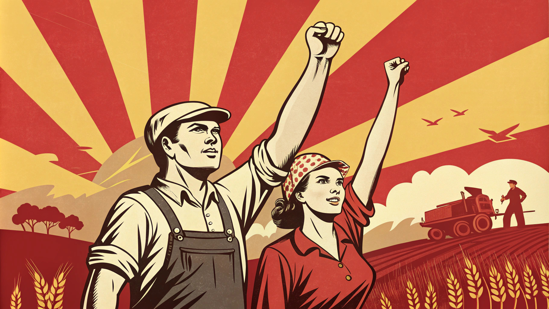 AI generated image by Red Panda AI: Soviet style propaganda poster, workers and farmers standing proud in the background, two workers male and female stand proud in the foreground raising their fists representing the victory of revolution, bold red and yellow colors, socialist realism