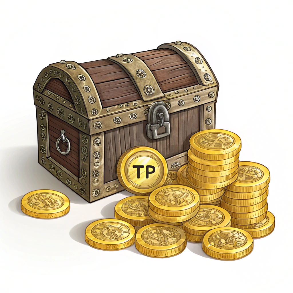 AI generated image by Red Panda AI: Treasure chest full of gold crypto currency coins with TP stamped on them.