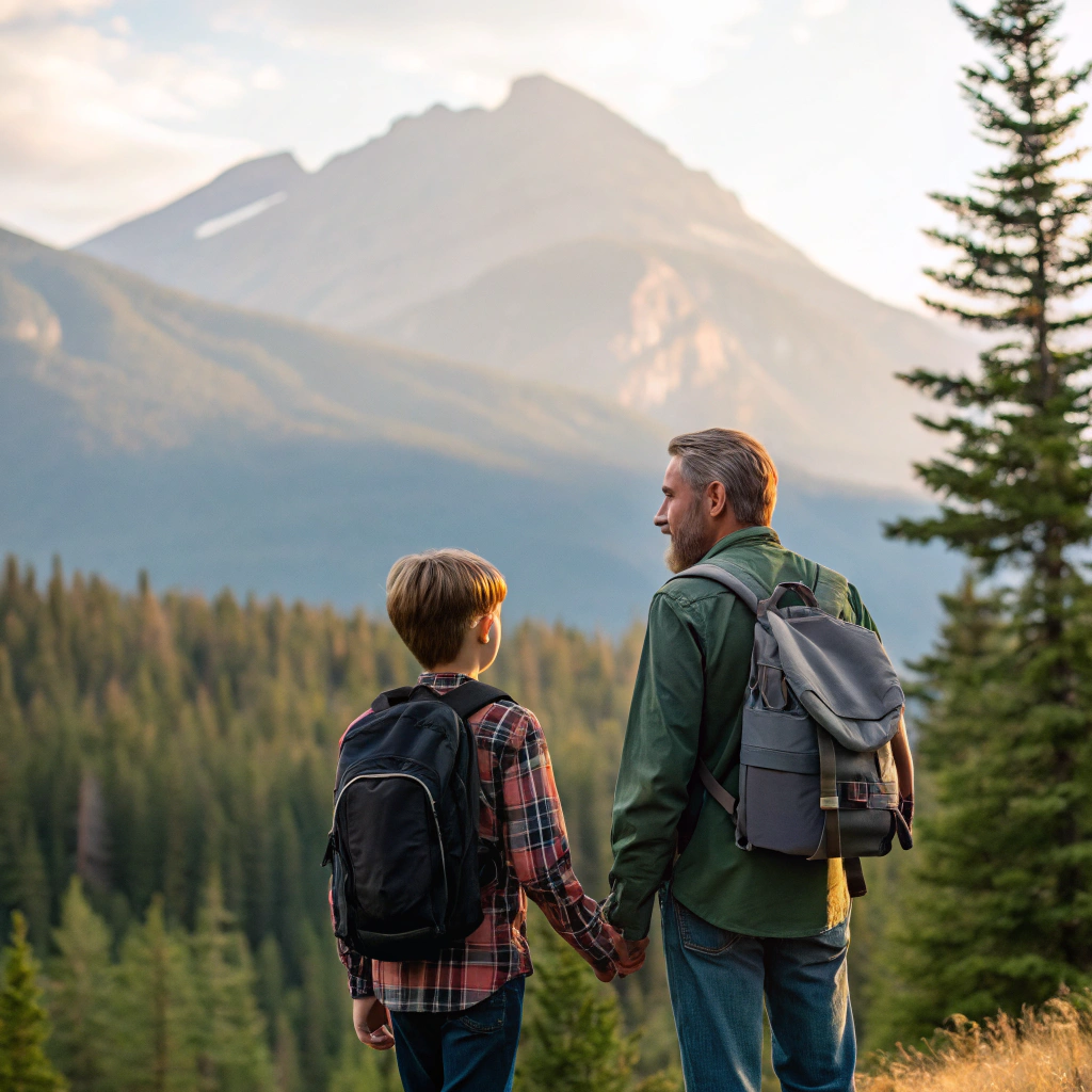 AI generated image by Red Panda AI: Caucasian father and teenage son, about 15 years old, hold hands and stand in front of a forest with their backs to the painting, with a mountain behind it. they are dressed as for outdoor camping with backpacks on their backs