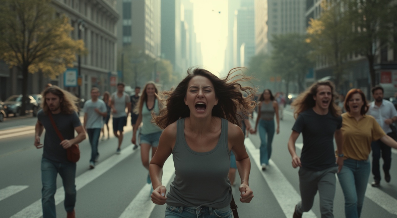 AI generated image by FLUX.1-pro: gente gritando con miedo y corriendo por la avenida de una ciudad con grandes edificios