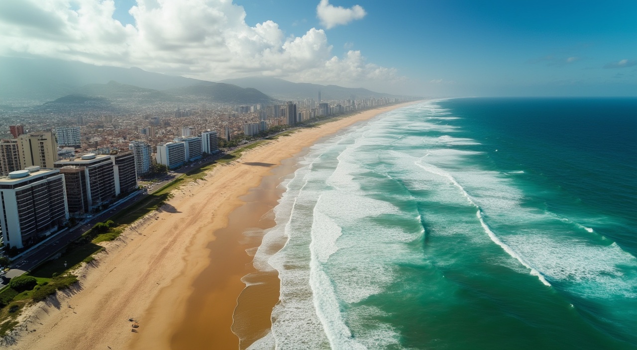 AI generated image by FLUX.1-pro: vista aérea del mar muy agitado en la costa de una ciudad muy grande