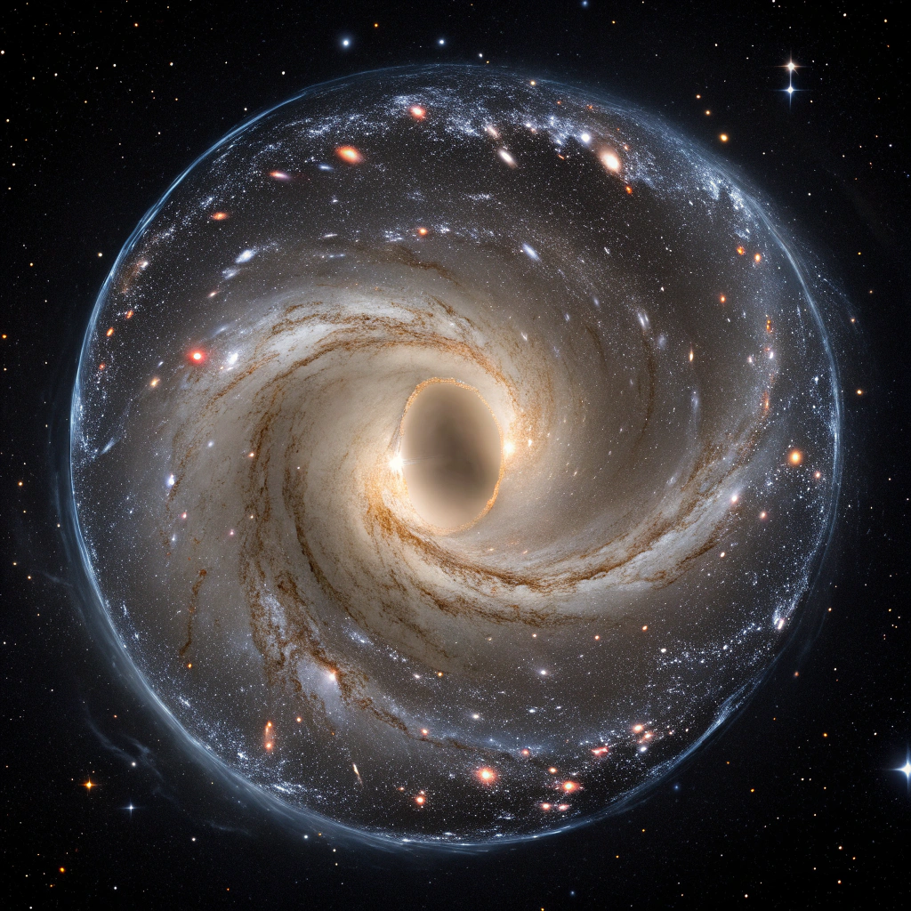AI generated image by FLUX.1-schnell: Create an image representing the universe as a thick, torus-shaped structure, tilted frontally at a 45-degree angle, transparent like glass but without any reflective glare. The torus has a very small central hole—so narrow that it appears impassable—with many small galaxies streaming outward and along its outer surface. These galaxies seem to emerge from the central hole, gradually expanding as they move outward. Upon reaching the torus's wider perimeter, they begin to curve beneath it, shrinking as they move back toward the center. Both the shrunk and expanded galaxies should be clearly visible, depicted with their typical spiral shape, and sized for easy recognition in a didactic context. Set against a uniform black background, with no stars or other celestial bodies beyond the torus surface.