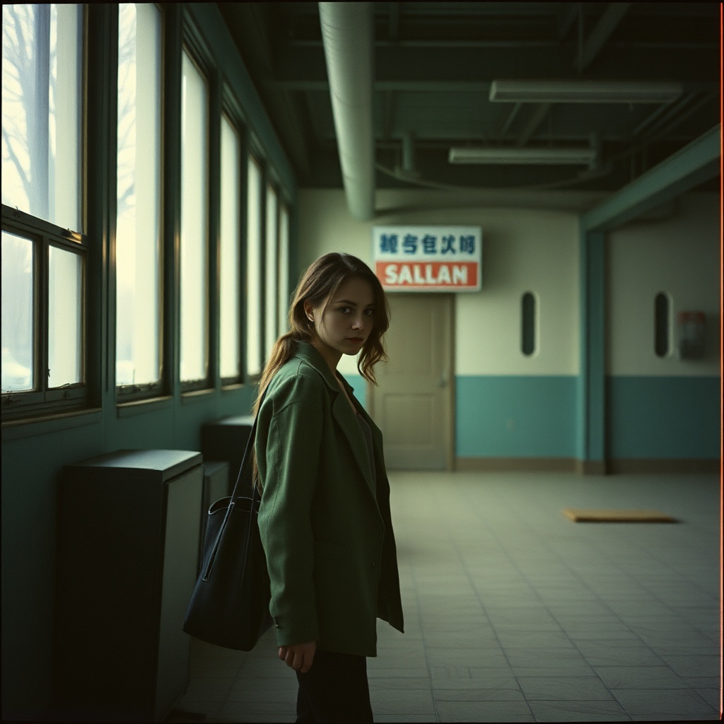 AI generated image by FLUX.1-schnell: analog flash photo of an abandoned, empty, frozen in time and slightly unsettling, but also familiar, 1girl, outdoors, Nostalgia, familiarity, discomfort, after hours, urbancore, liminal space the effect of being in a retro horror or RPG video game --v 6.0