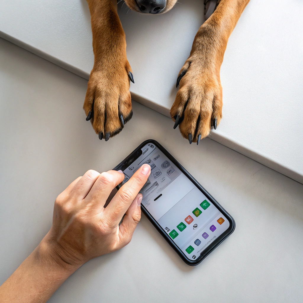 AI generated image by Red Panda AI: una pata del perro sosteniendo un telefono inteligente por debajo y la otra pata esta picando a la pantalla por arriba en la esquina de la pantalla