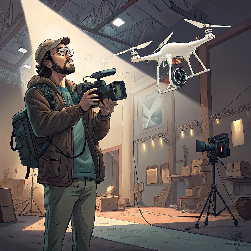 AI generated image by Red Panda AI: filmmaker con una cámara en una mano y un drone en la otra, dentro de un set de filmación