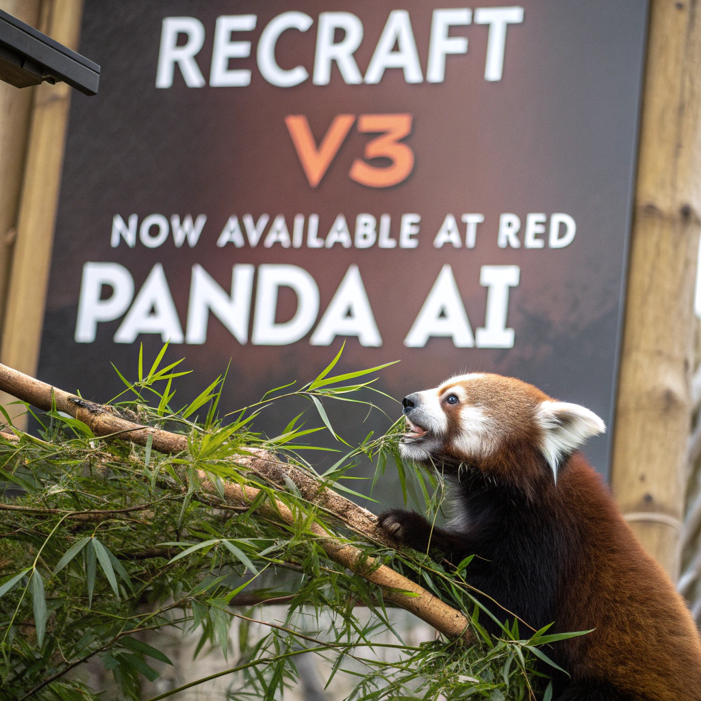 AI generated image by Red Panda AI: a red panda eating a bamboo in front of a poster that says "recraft V3 now available at red panda ai