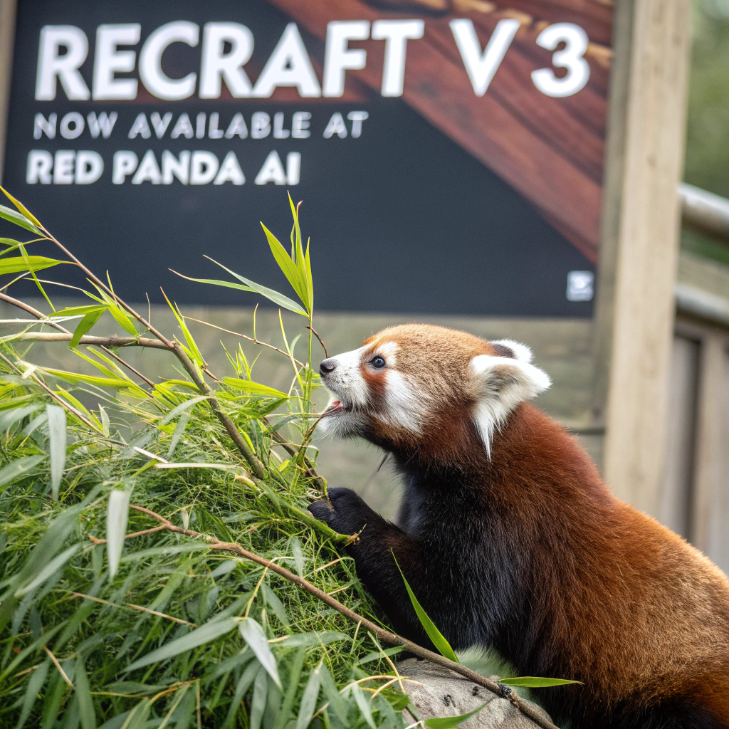 AI generated image by Red Panda AI: a red panda eating a bamboo in front of a poster that says "recraft V3 now available at red panda ai