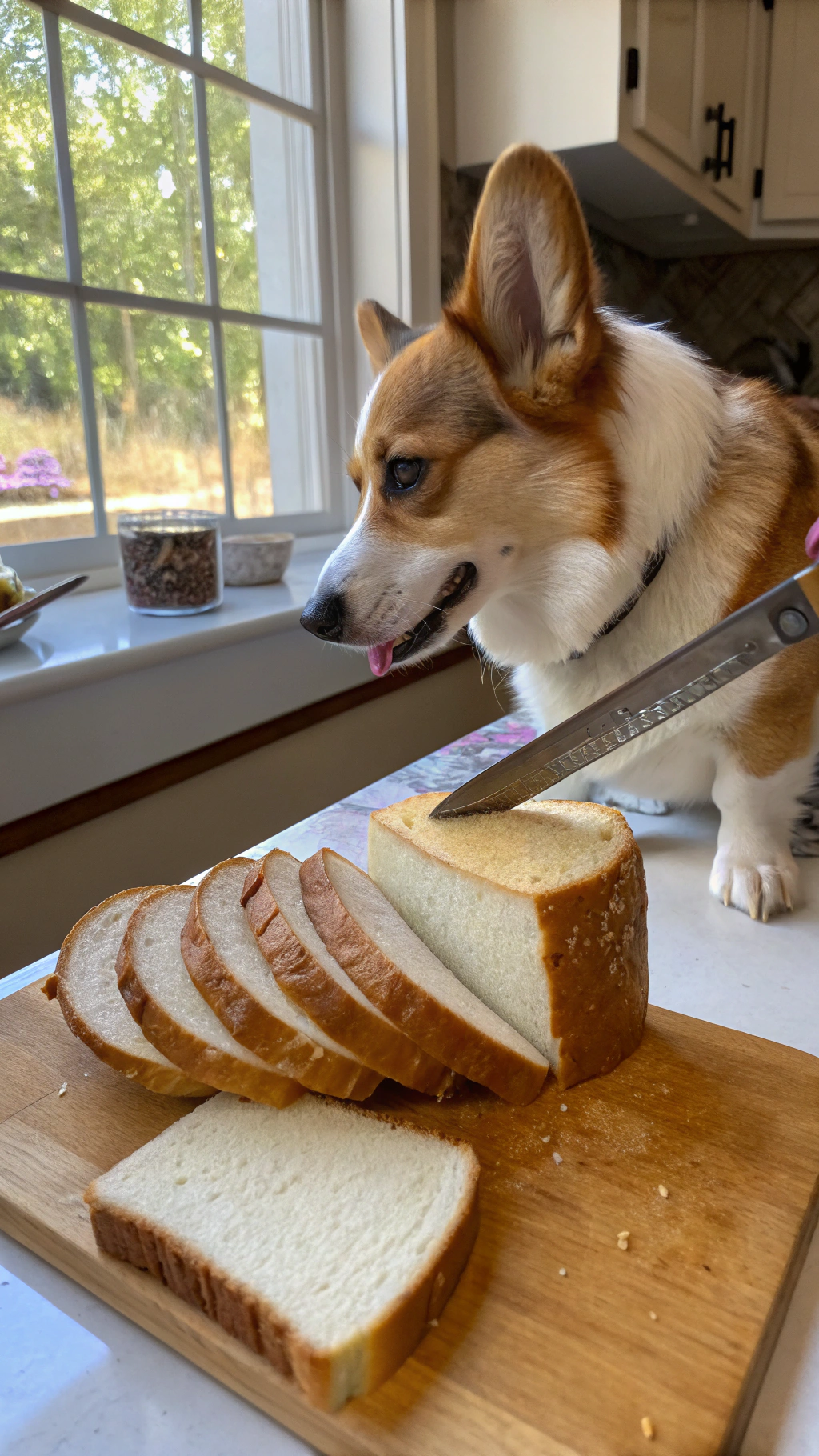 AI generated image by Red Panda AI: real life iphone photo of a corgi acting like a human by holding a bread knife with the corgi's furry paw. It is using the bread knife to slice into a loaf of American bread. Next to the solid loaf of bread are several slices of bread. Scene is a suburban American kitchen during the day.