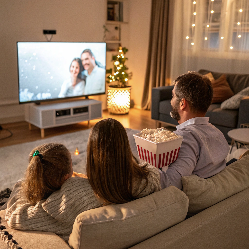 AI generated image by Red Panda AI: genera una imagen de una familia sentada de espaldas viendo un filme en medio de una sala con ambiente familiar .
haz que la imagen del filme sea generado por el prutector magcubic HY300 y que la imagen que la familia esta viendo tenga un efecto de salida de pantalla tipo 3d