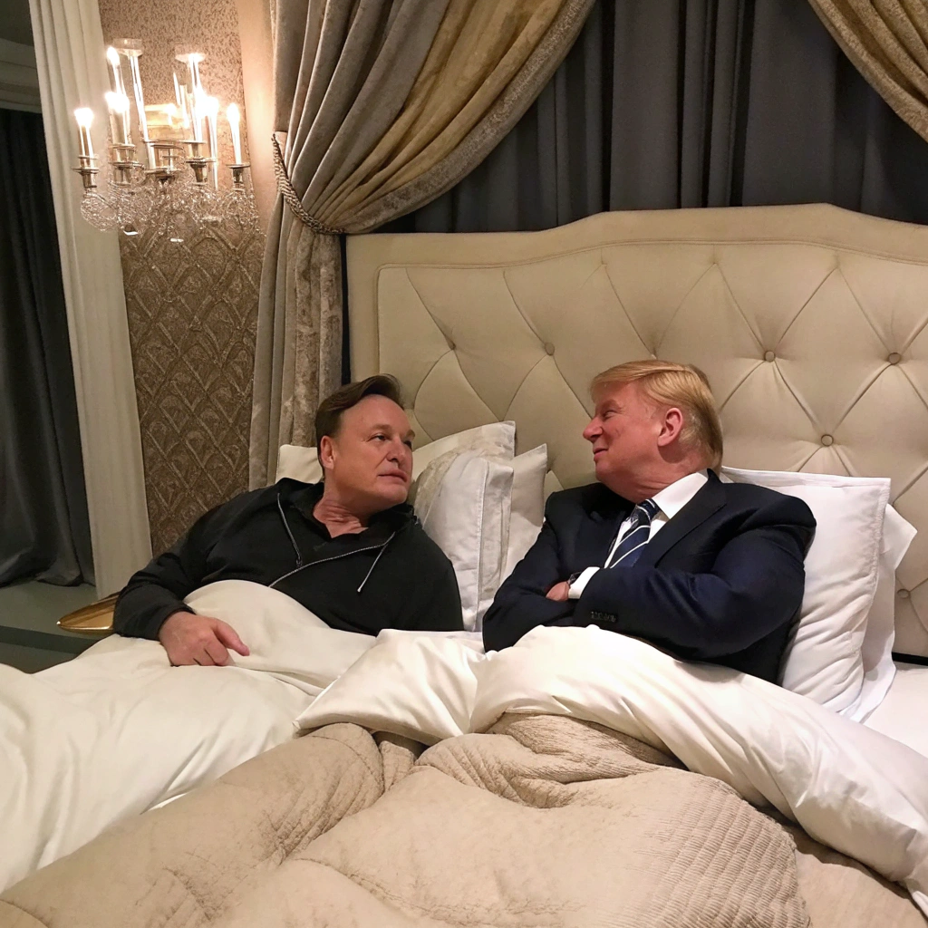 AI generated image by FLUX.1-schnell: Elon musk shares a bed with Donald Trump