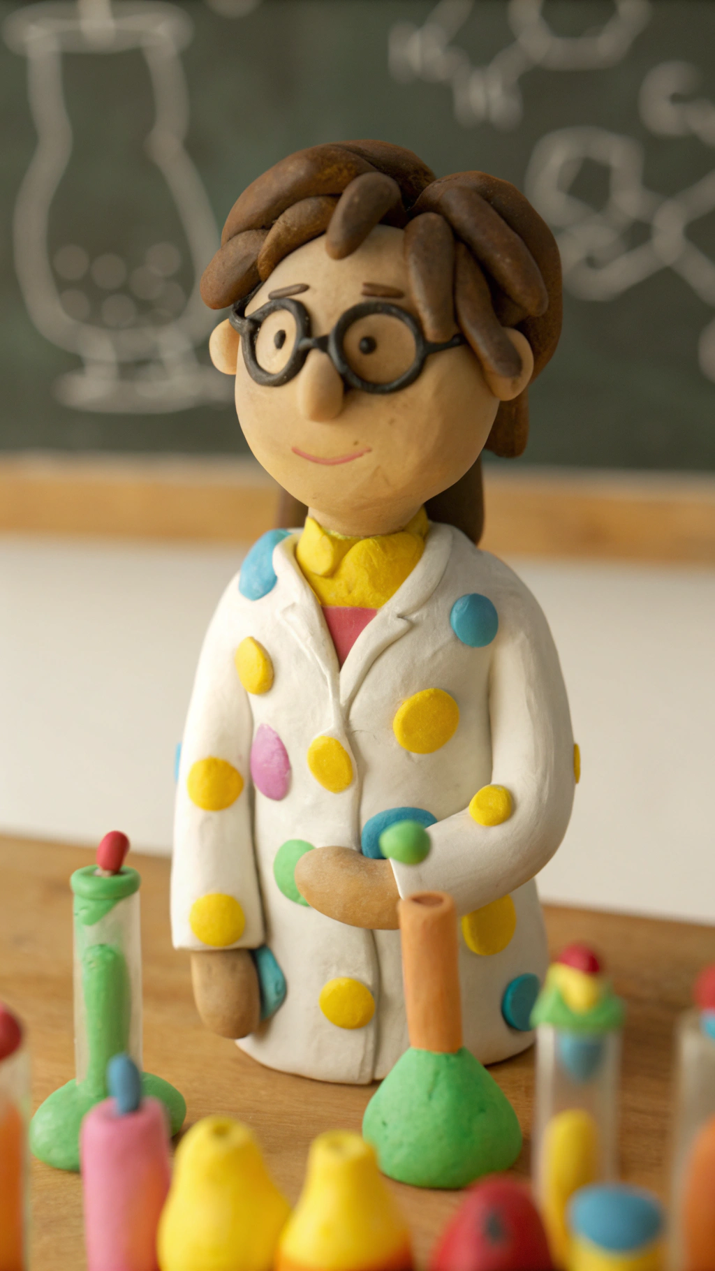 AI generated image by Red Panda AI: A cheerful, cartoonish young scientist with messy brown hair and oversized black glasses stands confidently in a vibrant classroom laboratory. She is wearing a white lab coat, adorned with various colorful pens. The background features a chalkboard filled with intricate scientific formulas and diagrams, creating a lively academic atmosphere. In front of him, a wooden table is covered with assorted glassware: test tubes filled with brightly colored liquids, round-bottom flasks, and beakers, some bubbling with activity. The warm lighting accentuates the playful nature of the scene, with a palette of soft greens and yellows enhancing the friendly, inviting ambiance. The overall aesthetic is hyperrealistic and detailed, reminiscent of a modern animation style, capturing the excitement of scientific exploration.