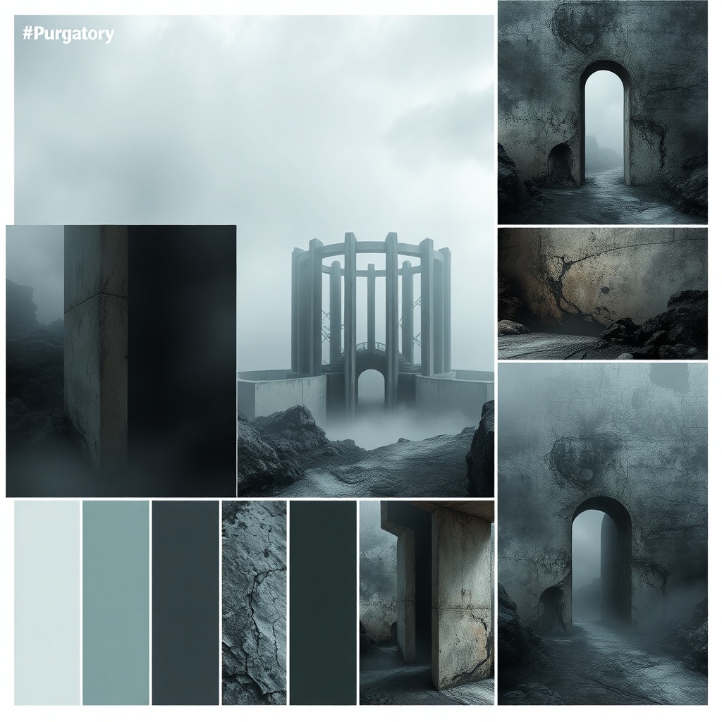 AI generated image by FLUX.1-schnell: Moodboard Purgatory: raccolta visiva cupa e concreta, palette fredda con accenti dorati, mix di architetture geometriche e rovine organiche, texture metalliche e pietra consumata, luci fredde, nebbia sottile, atmosfera tesa e misteriosa, concept art collage, wide aspect ratio fantasy