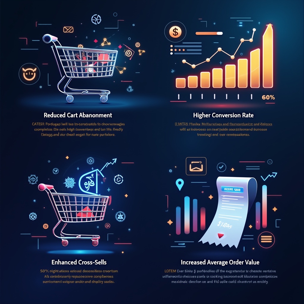 AI generated image by FLUX.1-pro: Create a sleek, modern 2D digital infographic that visually represents four key e-commerce success metrics in a high-tech, futuristic style. The design should have a dark-themed background with glowing blue and gold neon highlights, inspired by cryptocurrency and fintech visuals. Each section should clearly illustrate a different business growth factor:
Reduced Cart Abandonment: A shopping cart with fading or disappearing items, symbolizing lost sales. Next to it, a digital dashboard displaying a downward-trending abandonment rate graph with percentage improvements. The visual should suggest how AI reduces lost purchases.
Higher Conversion Rate: A glowing 'Checkout Success' button with a rising conversion percentage beside it. Surrounding the button, transaction icons or progress bars indicate seamless and frictionless purchases. This section highlights improved checkout completion.
Enhanced Cross-Sells: A structured shopping cart dynamically filling with additional suggested products, representing AI-driven personalized recommendations. A bar graph in the background shows an increase in upsell purchases over time.
Increased Average Order Value: A digital receipt with a rising total purchase value, accompanied by an upward-trending financial growth chart. Floating currency symbols (such as dollar signs or e-commerce-related icons) emphasize revenue growth.
The infographic should have clean, futuristic typography, with clearly labeled sections for each metric. Data visualizations, icons, and minimalistic UI elements should reinforce the high-tech and professional tone of the image while ensuring clarity and visual appeal.