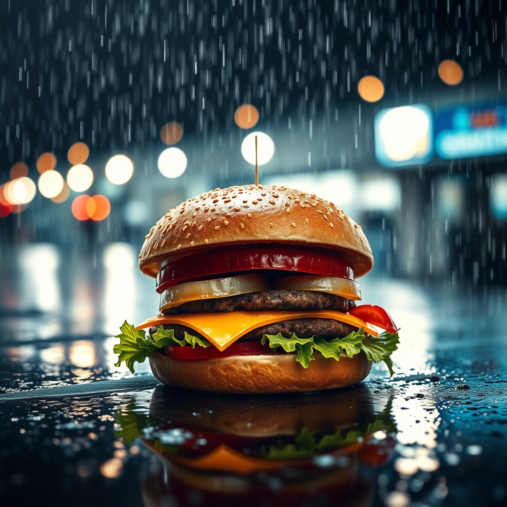 AI generated image by FLUX.1-schnell: Rainy background burger ad
