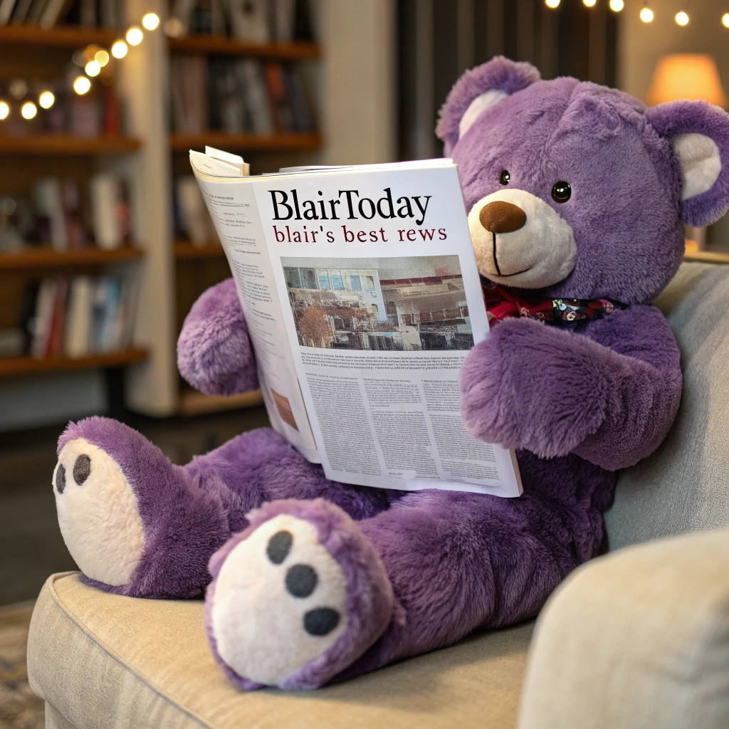 AI generated image by Red Panda AI: purple bear reads a newspaper with the headline, "BlairToday" and the subtitle "Blair's Best News"