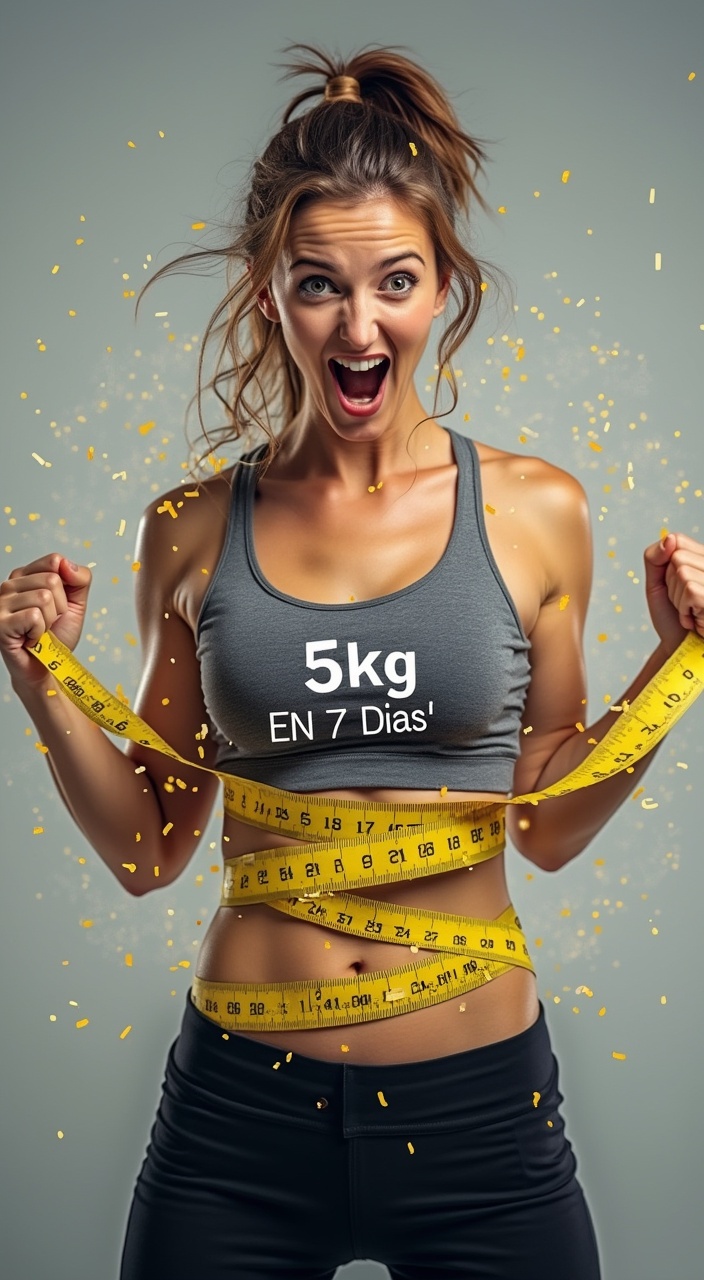 AI generated image by FLUX.1-pro: Woman breaking a measuring tape with force, triumphant look. Text: 5kg EN 7 DIAS'. Motion speed-line background."