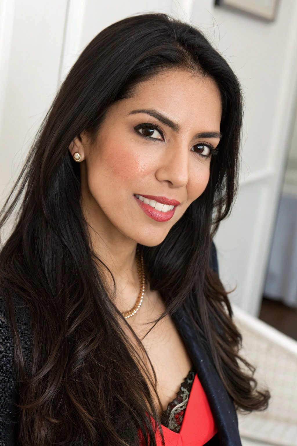 AI generated image by FLUX.1-schnell: A pretty latina woman in her 30s. This is a photo for her dating app profile. She is looking at the camera