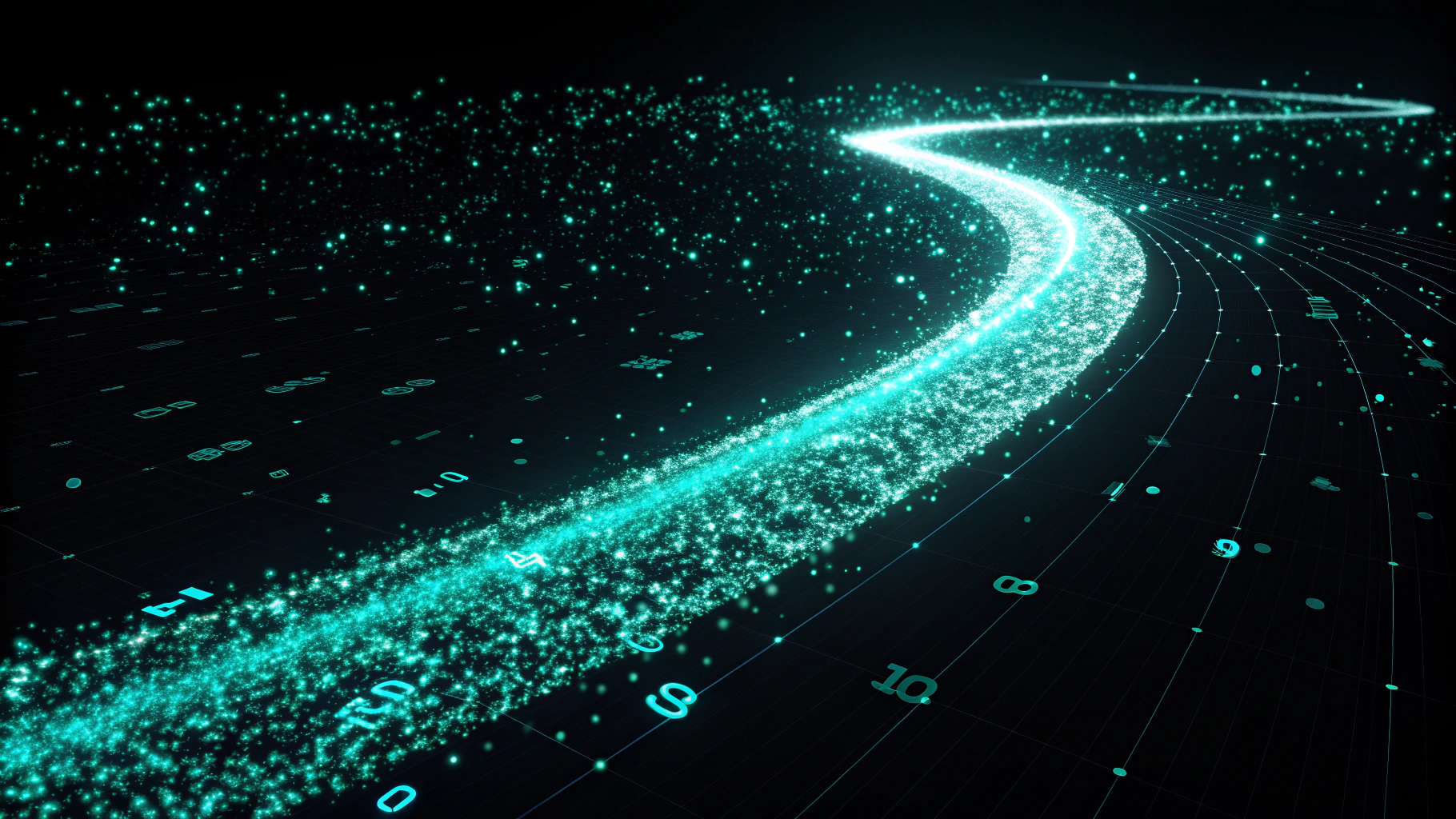 AI generated image by Red Panda AI: a swooshing trail made from thousands of turquoise numbers and formulas. it starts on the right side of the picture from a point and then grows larger and fades out towards the left side of the image. It floats in mid air. on a black background. like a png with black only background. it looks modern, realistic, sci-fy