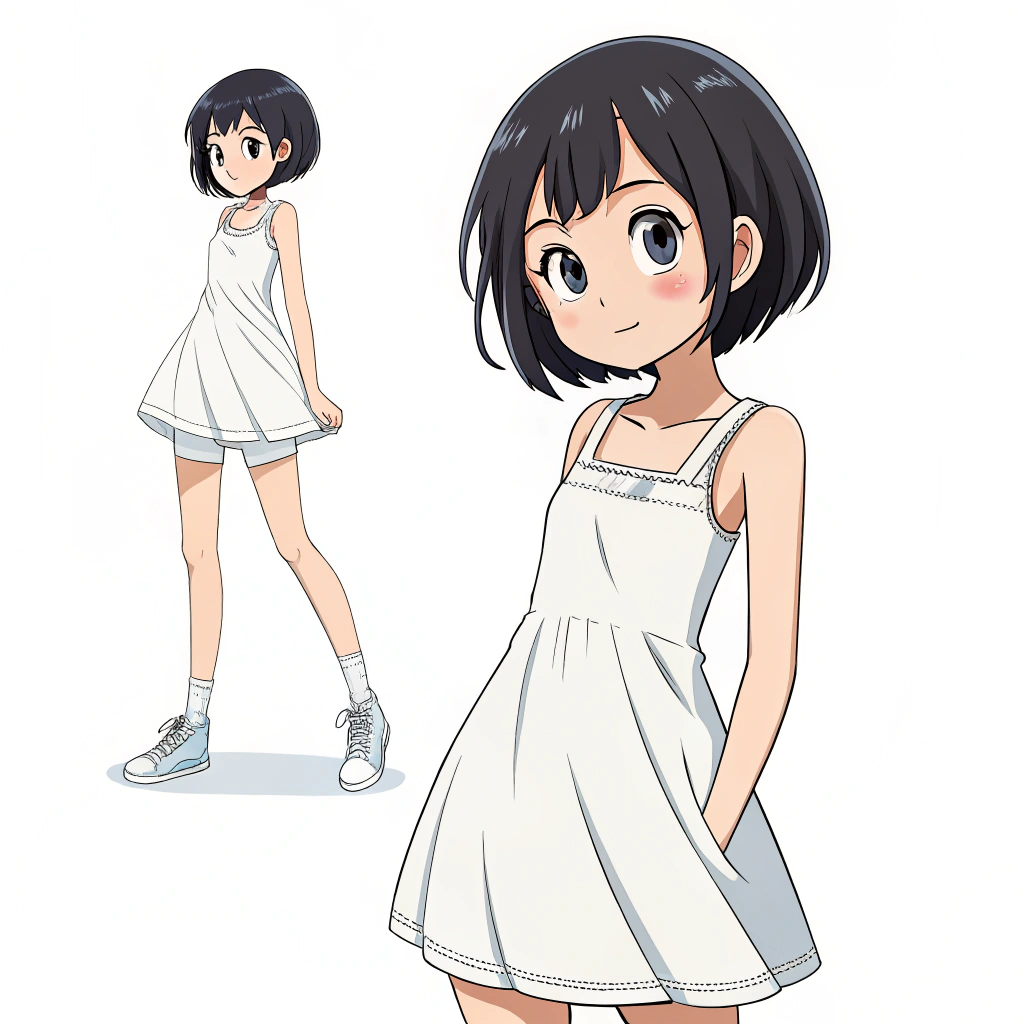 AI generated image by Red Panda AI: una niña de 8 años asiatica de pelo corto de color negro, con un vestido blanco, que tenga un estilo muy anime, mucho mas estilo de dibujo y mas pequeña, con un poco de tetasy grandes curvas con muslo y trasero grande
cuerpo completo