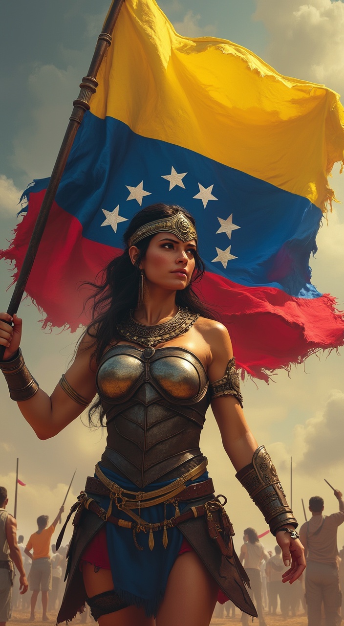 AI generated image by FLUX.1-pro: A warrior woman carrying the Venezuelan flag high, The flag must have very bright colors and have very realistic details and contain eight stars on the blue stripe.