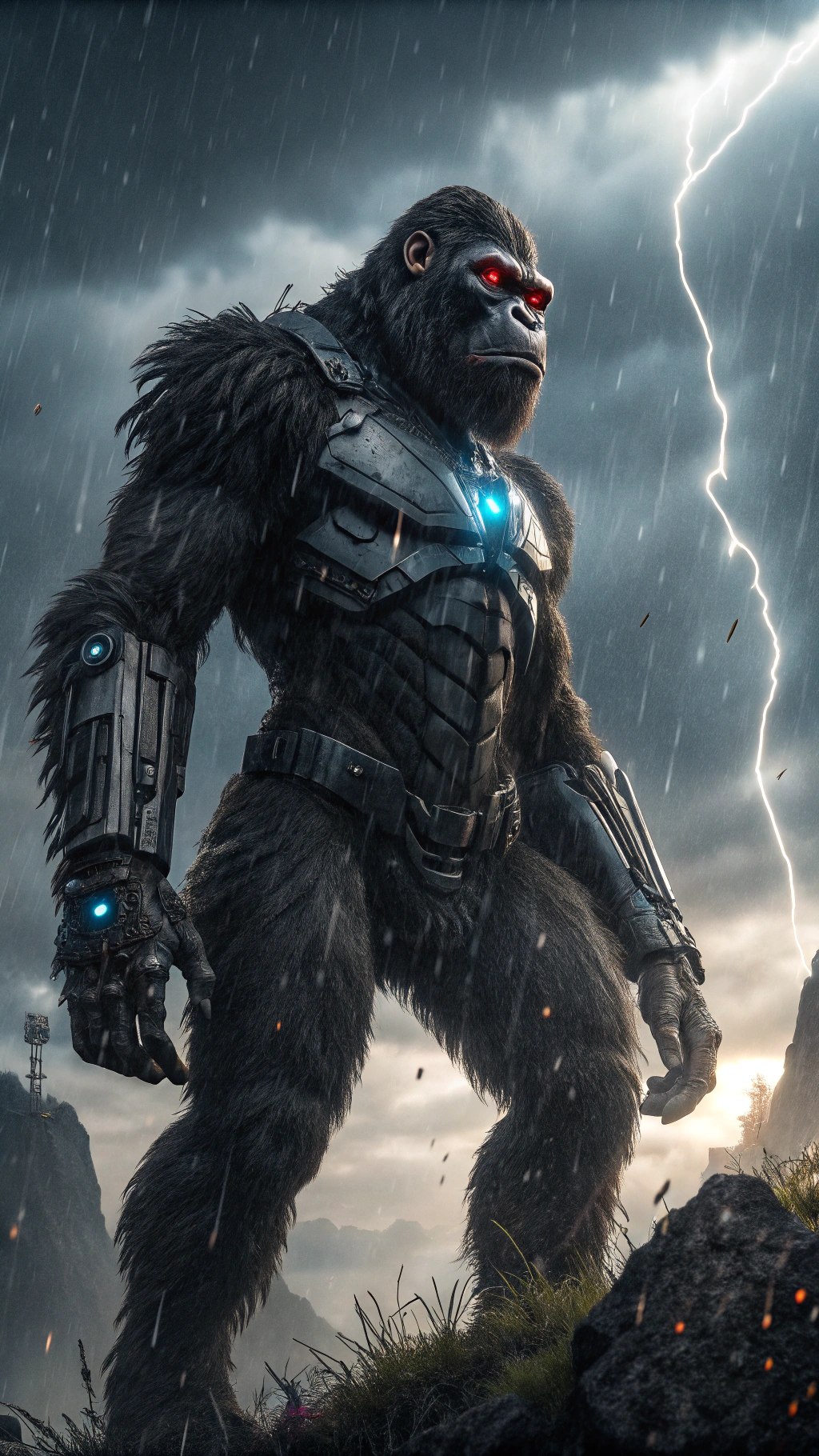 AI generated image by Red Panda AI: Imagine a movie poster with a cyborg gorilla prominently featured. The imposing gorilla stands in a powerful stance, with its dark fur and musculature blending seamlessly with metallic parts and cybernetic components. The joints of their limbs exhibit mechanical joints, where cables and metal plates are integrated with the muscles. Its eyes glow with red LEDs, giving it a piercing and menacing look, while blue lights flash on its chest, highlighting its robotic side.
In the background, a stormy and dark sky, lit by lightning, creates an intense and dramatic atmosphere, reflected in the gorilla's metallic parts. Small sparks and raindrops fall around him, intensifying the atmosphere of tension and imminent action. Dramatic lighting accentuates the details of his hybrid body, creating an image of immense power and presence, worthy of a true science fiction epic.