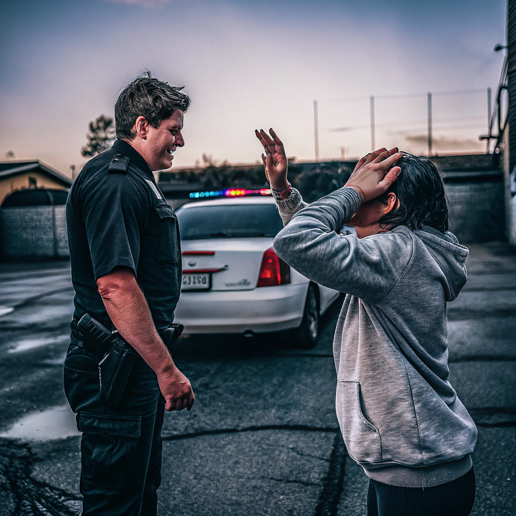 AI generated image by Red Panda AI: Illustrate a moment of firm yet empathetic dialogue between a police officer and a distressed individual in crisis. The officer is depicted standing with a calm and professional demeanor, one hand slightly raised in a gesture of honesty and reassurance, while maintaining direct but non-threatening eye contact. The individual is shown standing or pacing nearby, expressing frustration with animated gestures, as though making an unreasonable request. The setting is a dimly lit urban street or a parking lot at dusk, with subtle details like a police car parked in the background. The atmosphere should emphasize the officer’s ability to align with the individual's emotions while clearly setting boundaries, reflecting honesty, professionalism, and the balance between understanding and maintaining control.
