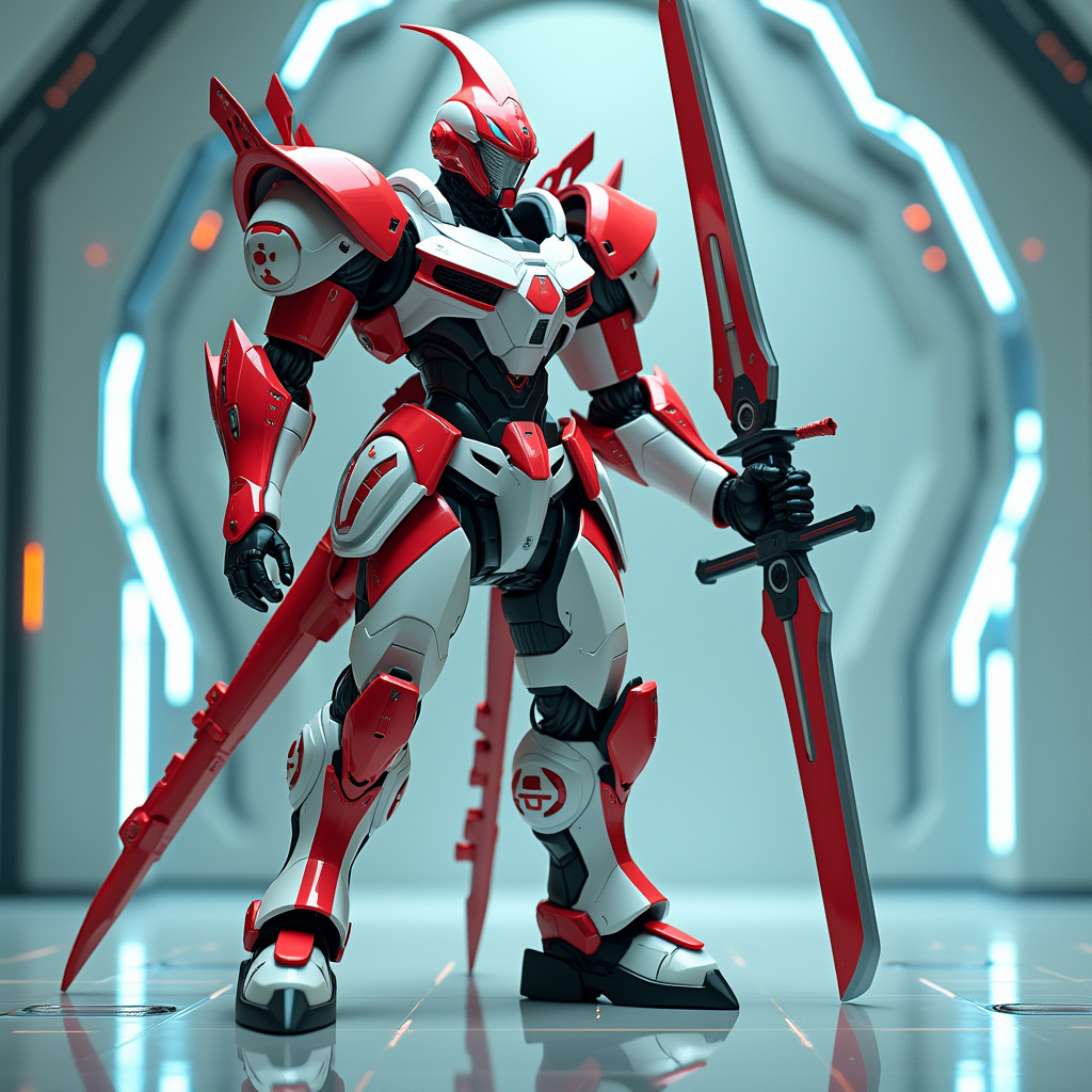 AI generated image by FLUX.1-pro: Futuristic armored warrior in a sleek Red and white exosuit mecha holding samurai sword huge stading in white lab neon lamp and blue