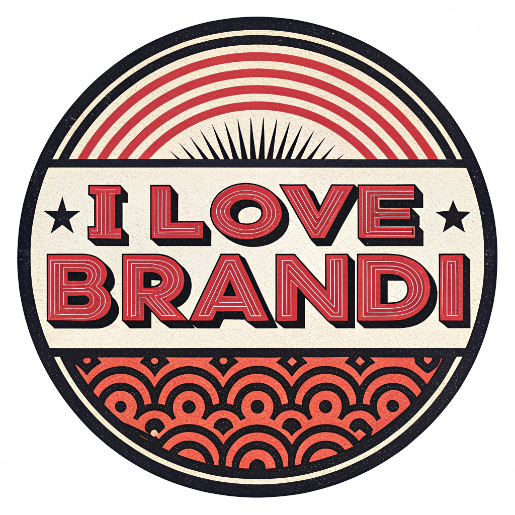 AI generated image by Red Panda AI: Circle logo, "I Love Brandi", on white background, red and white and black, only text, bold font, retro, strong