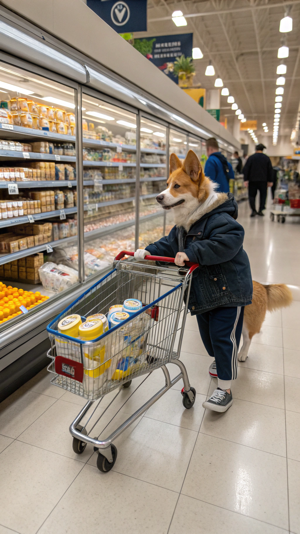 AI generated image by Red Panda AI: anthropomorphic standing corgi going shopping in an American supermarket next to the eggs aisle pushing a shopping cart filled with breakfast items