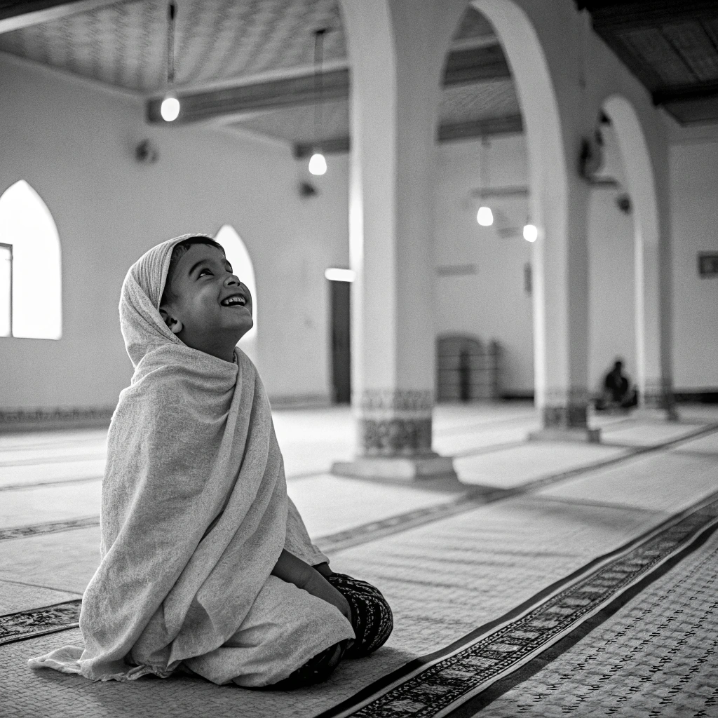 AI generated image by Red Panda AI: yemenite child in shoul gazing joyfully and waiting for the prayer to end