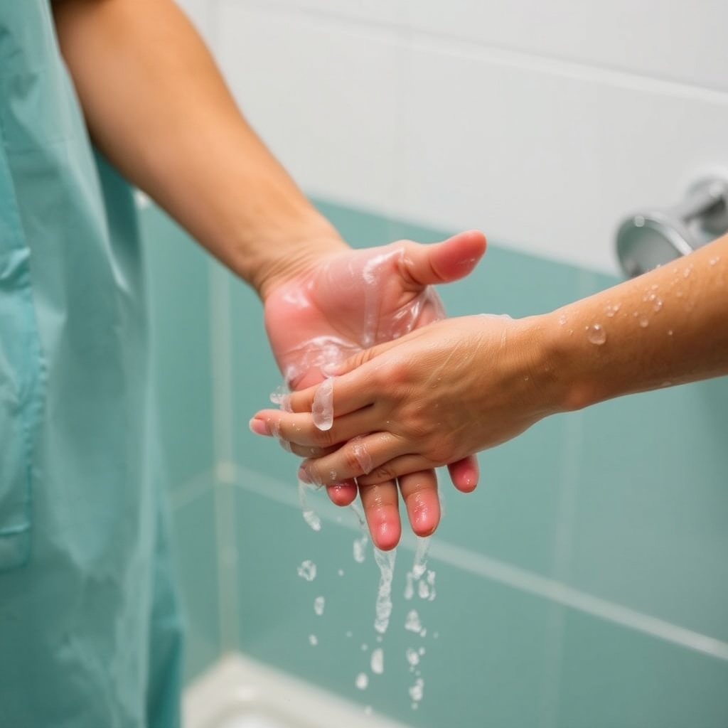 AI generated image by FLUX.1-schnell: el procedimiento de lavado de manos quirúrgico.