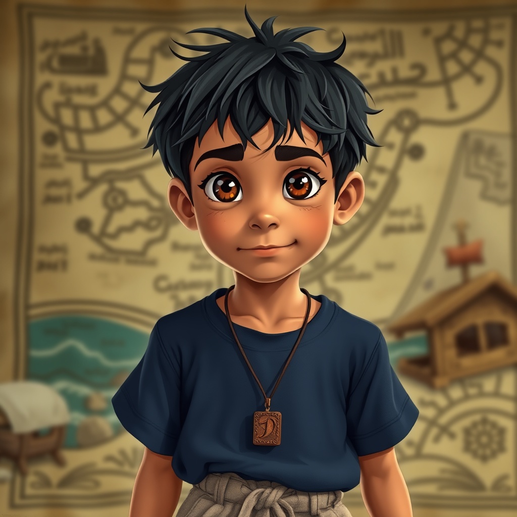 AI generated image by FLUX.1-schnell: A 14-year-old Arab boy with medium-tan skin, short messy black hair, and bright brown eyes full of curiosity and intelligence. He wears a simple navy-blue t-shirt, sandy-colored shorts, and old, worn sneakers that show he's always on the move. Around his neck hangs a small wooden pendantβan heirloom from his grandfather. His appearance reflects energy, courage, and a hint of mischief. His facial expression blends excitement and determination.
The character is set in a coastal village, with a backdrop of the sea or an ancient treasure map for added atmosphere.