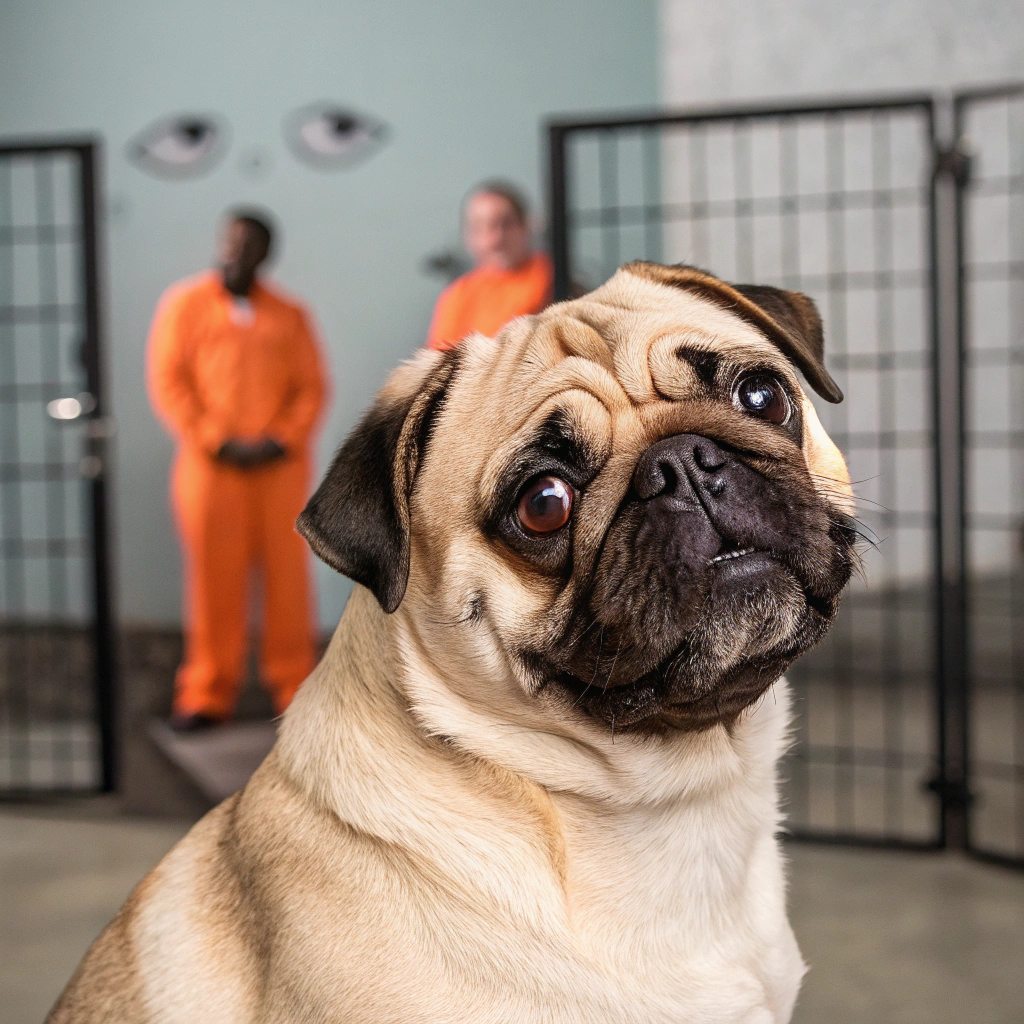 AI generated image by Red Panda AI: un pug conor beig con el osico negro enpojado de frente y atras de fondo donde miden a los presos