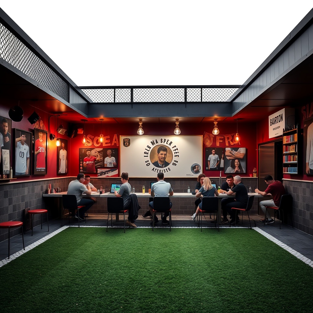 AI generated image by FLUX.1-schnell: Anuncio publicitario de una Barberia ambientada en el Soccer y en el básquet