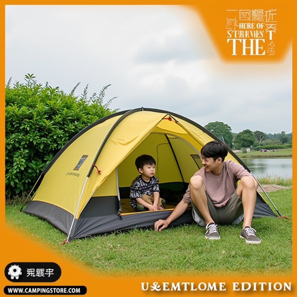 AI generated image by FLUX.1-pro: A promotional advertisement featuring a man and a child sittingin front of a yellow and black dome tent. The backgroundshows a grassy area with green bushes and trees, and a bodyof water is visible to the right. The sky is partly cloudy. Text atthe bottom of the image reads '让我们去露营吧' in white,'LIMITED EDITION' in orange, and '美团的宗旨是吃的更好、生活的更好' in white.There is also a '现在就行动起来' button in black and white at thebottom left corner and 'WWW.CAMPINGSTORE.COM' in blackat the bottom right corner.