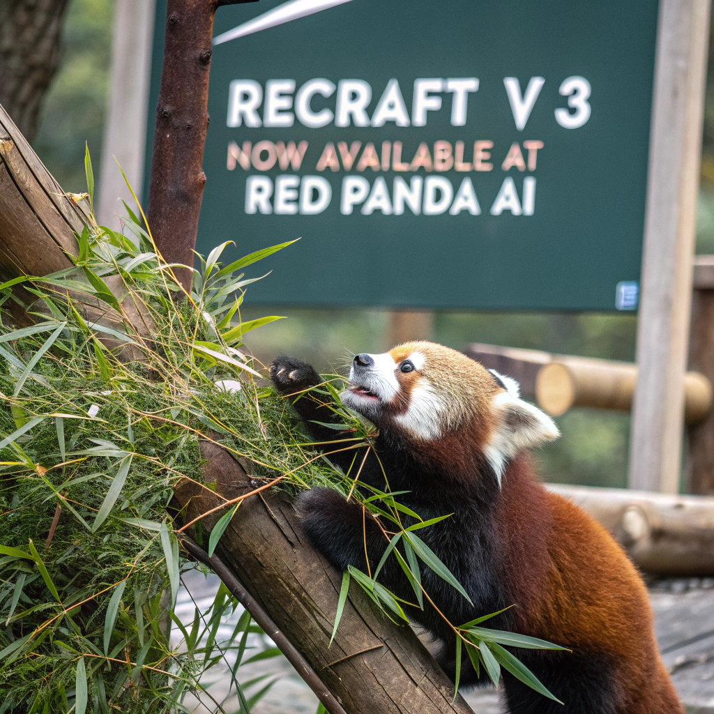 AI generated image by Red Panda AI: a red panda eating a bamboo in front of a poster that says "recraft V3 now available at red panda ai