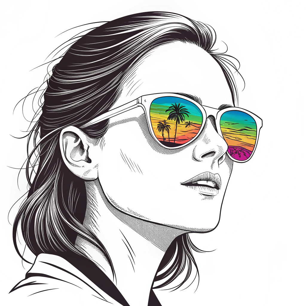 AI generated image by Red Panda AI: illustration représentant le visage d'une femme en noir et blanc, elle porte des lunettes de soleil dans lesquels un paysage tout en couleurs se reflète