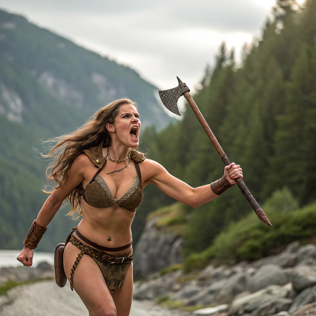 AI generated image by Red Panda AI: a beautiful young viking girl in mini bikini running with a battle cry to us holding a big axe, hyperrealistic HD image