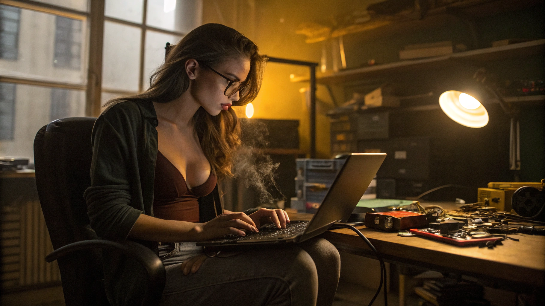 AI generated image by Red Panda AI: A sexy girl with glasses and deep neckline sitting on a chair in a dimly lit laptop repair shop, surrounded by scattered tools and computer parts. The warm, dim yellow light from a nearby desk lamp casts a soft glow over the scene, illuminating an open laptop on the workbench in front of her. She is gently blowing into the laptop's keyboard, attempting to remove dust and debris from its interior. The atmosphere is quiet, with hints of technology and meticulous work in the air. The shop has an industrial yet cozy feel, with shelves of tools and spare parts in the background. The girl has an intense, focused expression as she carefully tends to the laptop.