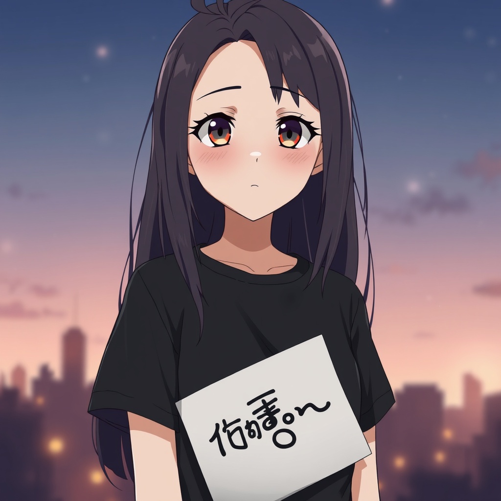 AI generated image by FLUX.1-schnell: Нарисуй: : девушку предположительно 14 лет в аниме стиле с темными волосами и большими карими глазами, довольно милую и миниатюрную, которая одета в черную футболку и ещё она держит бумажку с надписью komaru в стиле минимализм
