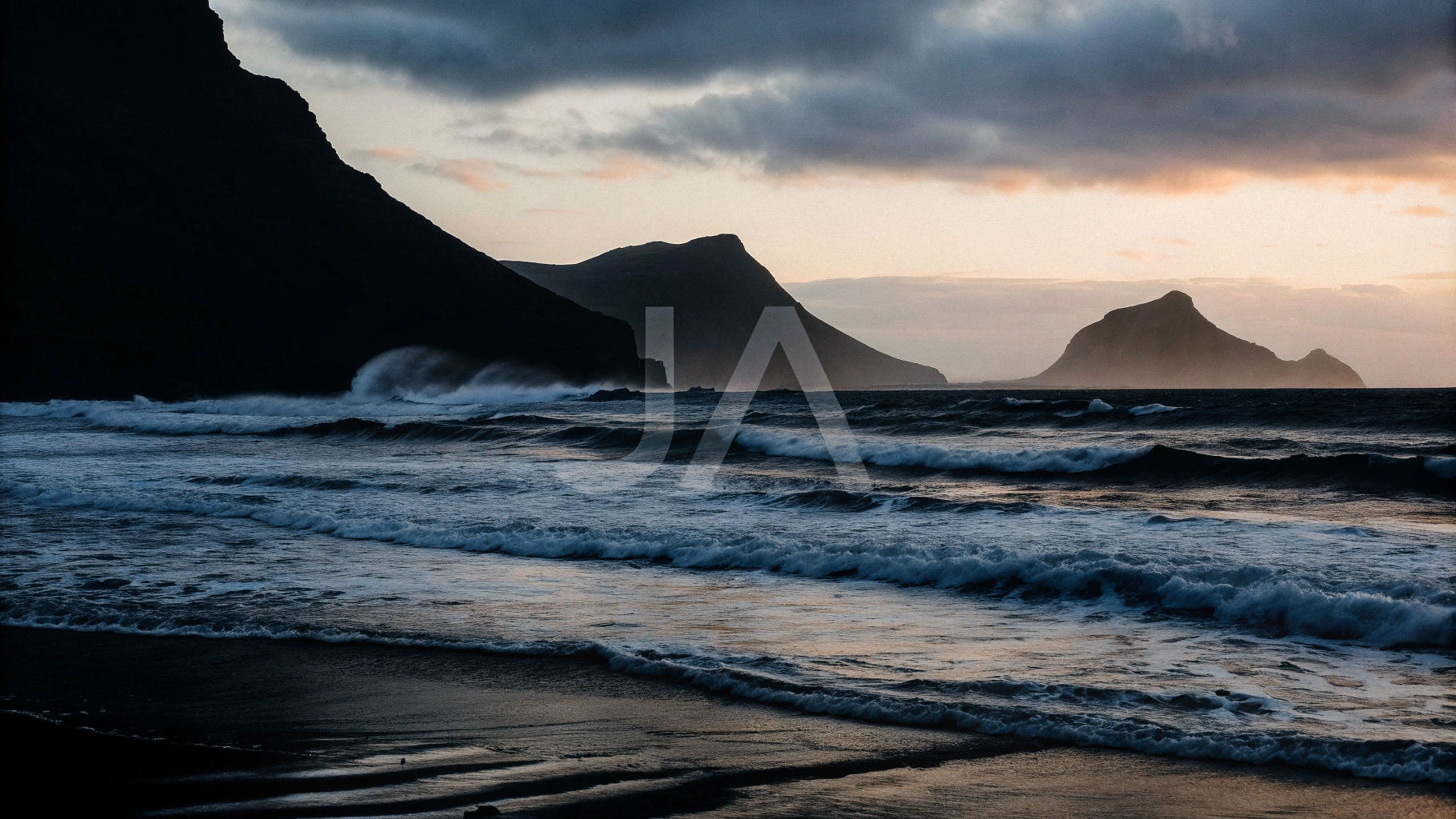AI generated image by Red Panda AI: lav et billede af en færøsk bugt med færøske fjelde. himmelen er overskyet og havet er uroligt med mange bølger der slår mod hinanden. I minden af billedet, midt ude på havet står et gavaldigt "JA"