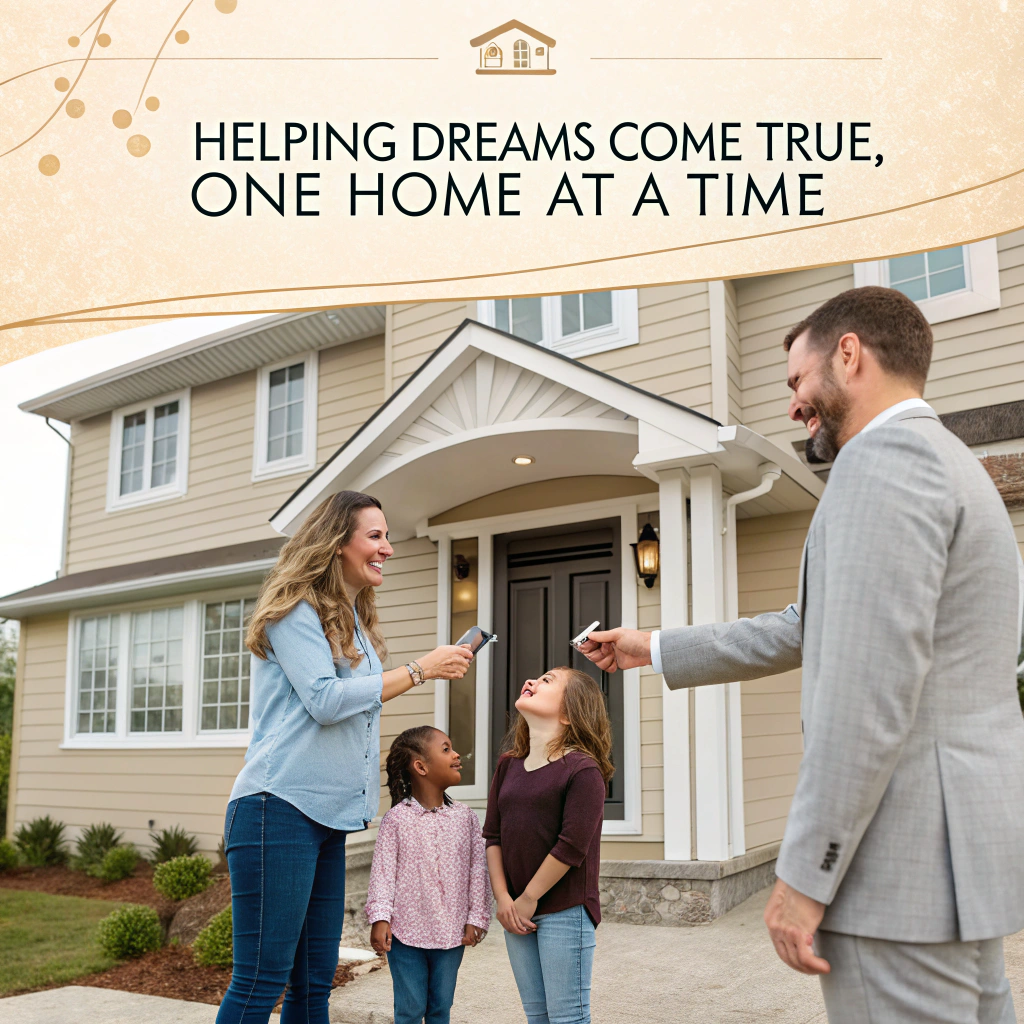 AI generated image by Red Panda AI: A warm, inviting photo of a real estate agent handing over the keys to a smiling family in front of a new home.
Overlay Text in elegant serif :
“Helping Dreams Come True, One Home at a Time”
Design Elements:
Use soft, earthy tones (e.g., beige, light blue, or green) to convey warmth and trust.