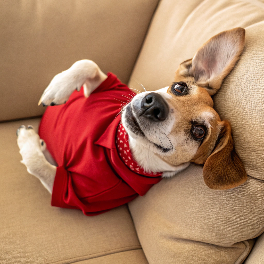AI generated image by Red Panda AI: el rostro de un perro ablandole a la camara con camisa roja y esta acostado patas arriba y sentado a la vez en un sillon beige